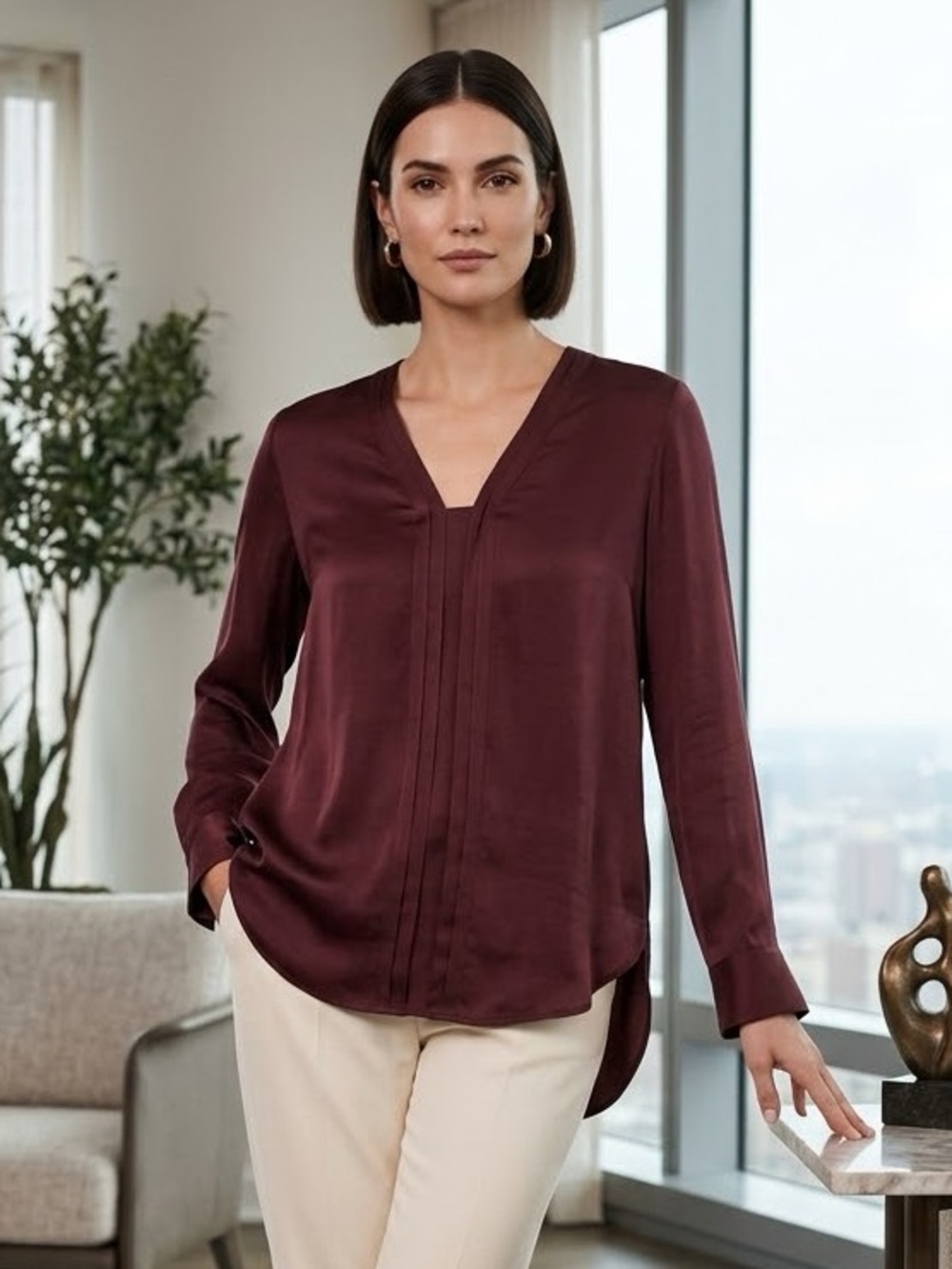 Vince Brushed Silk Dark Plum V-Neck Long-Sleeve Blouse Size M
